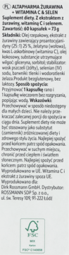 Tył etykiety Altapharma Żurawina + Witamina C & Selen, 60 kapsułek suplementu diety. Widoczny skład, użycie i FSC logo.