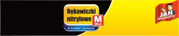 Banner: Rękawiczki nitrylowe M Jan Niezbędny, bezpudrowe, do kontaktu z żywnością. Żółto-czarne tło.