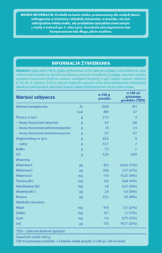 Etykieta NAN OPTIPRO 3 dla małych dzieci, z tabelą wartości odżywczych na niebieskim tle.