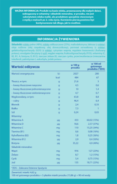 Zbliżenie na tabelę wartości odżywczych mleka modyfikowanego NAN OPTIPRO 4, witaminy i minerały.