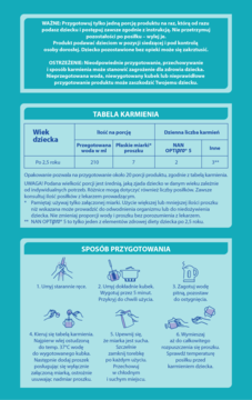 Ulotka informacyjna produktu NAN OPTIPRO 5 dla dzieci, z tabelą karmienia i instrukcją przygotowania.