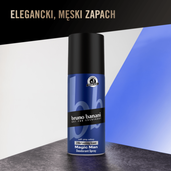 Niebiesko-czarny dezodorant Bruno Banani Magic Man w sprayu, widok z przodu, na abstrakcyjnym tle.