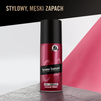 Bruno Banani Loyal Man dezodorant w sprayu, bordowy, z czarną nakrętką, na stylowym biało-różowym tle.