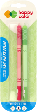 Happy Color blister pack with two erasable gel pens: pink with spiral patterns and light green with waves. Front view.