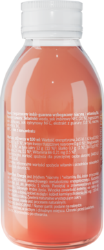 Purella Superfoods Super Shot Energia imbir+guarana. Tył butelki z etykietą, widoczne polskie składniki i kofeina.