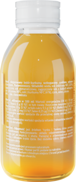 Tył butelki Purella Superfoods Super Shot Odporność imbir+kurkuma. Pomarańczowy napój, widoczny skład i wartości odżywcze.