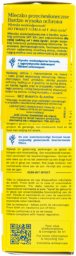Tył żółtego kartonowego opakowania mleczka przeciwsłonecznego Mustela SPF 50+ z opisami i kodem QR.