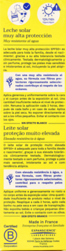 Żółta etykieta mleczka przeciwsłonecznego SPF 50+, tył opakowania z instrukcjami, certyfikat B Corp.