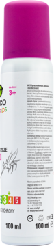 Tył białego sprayu na komary dla dzieci 3+ z różową nakrętką, etykieta z tekstem i rysunkiem komara.