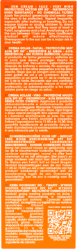 Tył pomarańczowego opakowania kremu Alphanova Organic SPF 50+. Biały tekst instrukcji w wielu językach i QR kod.