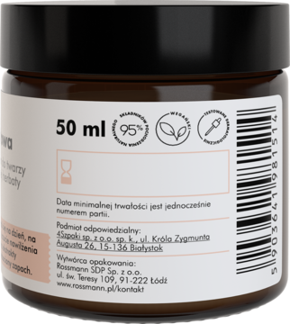 Tył wegańskiego kremu nawilżającego w brązowym słoiku 50ml, widoczny kod kreskowy i napisy po polsku.
