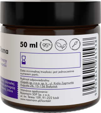 Tył ciemnego słoiczka wegańskiego kremu do twarzy 50 ml, z etykietą zawierającą skład i dane producenta Rossmann.