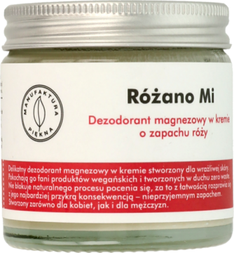 Różano Mi dezodorant magnezowy w kremie, w szklanym słoiku z srebrną nakrętką, widok z przodu.