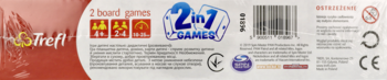 Tył opakowania gry planszowej Trefi 2w1 (Chińczyk, Psi Wyścig) z informacjami, kodem kreskowym i ikonami ostrzegawczymi.