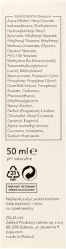 Tył opakowania kremu do twarzy Ziaja z kozim mlekiem, widoczna lista składników, 50 ml i dane producenta.