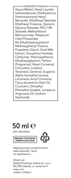 Tył kremu Ziaja 50 ml. Widoczna szczegółowa lista składników, certyfikaty i informacje o firmie.