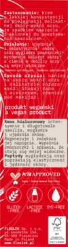 Czerwone opakowanie kremu Floslek pod oczy, tył. Biały tekst o składzie: kwas hialuronowy, peptydy i certyfikaty wegańskie.