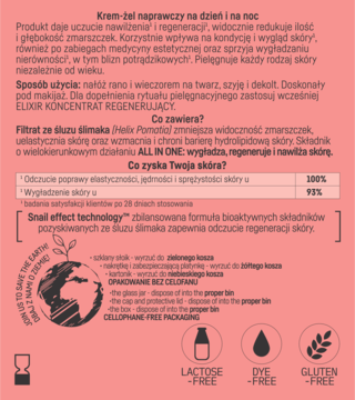 Różowa etykieta kremu-żelu naprawczego ze śluzem ślimaka, opis działania, recykling i ikony bez laktozy/glutenu.