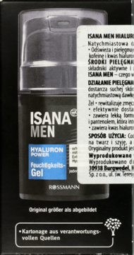 Czarne opakowanie ISANA MEN HYALURON POWER Feuchtigkeits-Gel, z butelką żelu i polską etykietą produktu z boku.