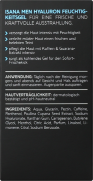 Tył czarnego opakowania żelu ISANA MEN Hyaluron. Widoczne składniki: kofeina, kwas hialuronowy i pantenol.