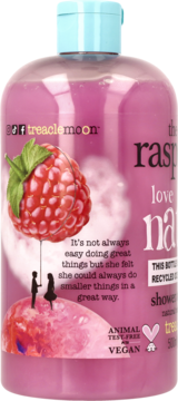 Różowy Treaclemoon Raspberry Kiss żel pod prysznic 500 ml, w przeźroczystej butelce z grafiką maliny, widok z przodu.
