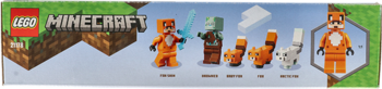 Lego Minecraft The Fox Lodge, opakowanie z figurkami: pomarańczowy lis, zombie, małe lisy.