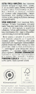Etykieta serum hialuronowego Alterra: szczegółowy tekst o 5 typach kwasu, certyfikaty FSC i Klimaneutral.