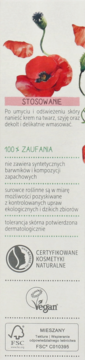 Tył opakowania kremu Alterra Vital z makiem, z instrukcją i certyfikatami: naturalny, wegański.