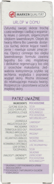 Tył biało-fioletowego opakowania olejku do twarzy Alterra Bio Lawenda z opisem działania i listą składników.