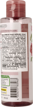 Tył butelki oczyszczającej wody różanej 150ml, z polską etykietą, widocznym kodem kreskowym i różowym płynem.