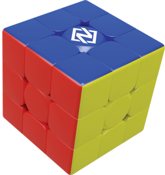 Sześcian NexCube MoYu 3x3x3 z niebieską, czerwoną i żółtą ścianką, widok pod kątem, bez naklejek.