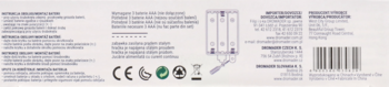 Tył białego opakowania produktu z instrukcją instalacji baterii AAA, ikonami recyklingu i kodem kreskowym.