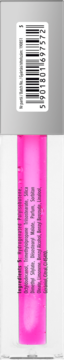 Półtransparentny błyszczyk do ust pH-reagujący, widok boku opakowania z kodem kreskowym i składnikami.