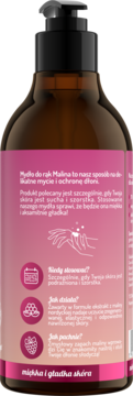 Tył brązowej butelki mydła do rąk Malina, z czarną pompką i różową etykietą z opisem działania.