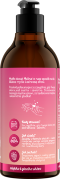 Tył brązowej butelki mydła do rąk Malina z czarną pompką, różowa etykieta z opisem i ikonami.