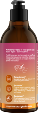 Mydło do rąk Papaja w brązowej butelce z pompką, widok z tyłu z pełnym opisem korzyści i składników.