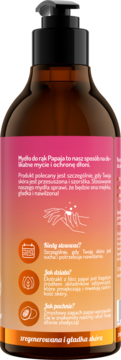 Tył ciemnobrązowej butelki mydła do rąk Papaja z pompką. Różowo-pomarańczowa etykieta z polskim opisem i ikonami.