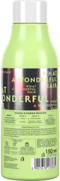 Tył jasnozielonej butelki emolientowego oleju do włosów What a Wonderful Hair, z polskim opisem i 150 ml.