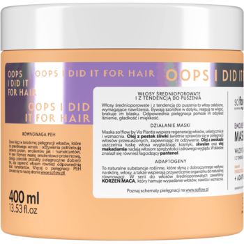 Tył pomarańczowej maski so!flow OOPS I DID IT FOR HAIR 400ml, dla włosów średnioporowatych i puszących.