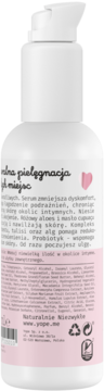 Tył białej butelki serum YOPE do higieny intymnej, z pompką, różowa etykieta z opisem i składnikami.