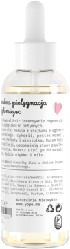 Tył przezroczystej butelki naturalnego eliksiru do intymnej pielęgnacji z białym zakraplaczem i etykietą ze składnikami.