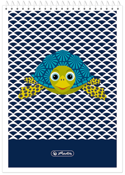 Zeszyt spiralny A4 z wesołym turkusowo-zielonym żółwiem o geometrycznym wzorze na tle biało-granatowych fal.