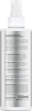 Revoss Professional płynna keratyna do włosów zniszczonych, tył srebrnej butelki 200ml z opisem i składem.