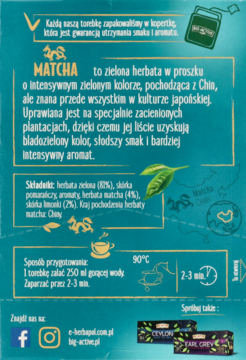 Tył opakowania herbaty Big-Active Matcha Zielona & Limonka z opisem, składem i instrukcją parzenia.