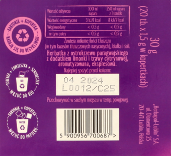 Tył fioletowego opakowania herbaty Yerba Mate z cytryną, widoczną tabelą wartości odżywczych i datą ważności.