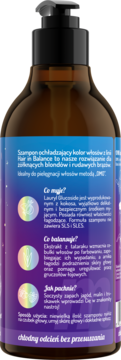 Tył brązowej butelki szamponu Hair in Balance chłodzącego kolor dla blondów i brązów z etykietą tekstową.