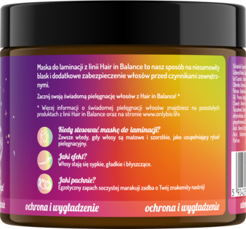 Tył brązowego słoika maski Hair in Balance do laminacji włosów, etykieta purpurowo-pomarańczowa, zapach marakui.