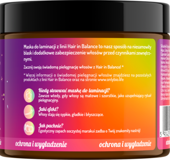 Tył słoika maski do laminacji Hair in Balance. Kolorowa etykieta z gradientem, tekst o ochronie, blasku i marakui.