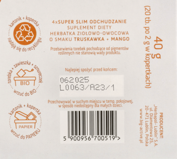 Tył opakowania herbatki 4xSUPER SLIM truskawka mango, widoczne ikony recyklingu i kod kreskowy.