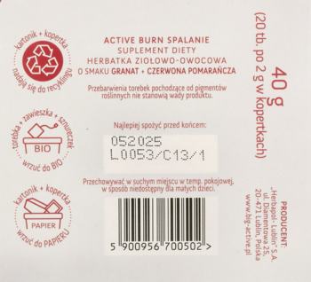 Tył białego opakowania herbatki ziołowej Active Burn Spalanie, smak granat-pomarańcza, z czytelnym kodem kreskowym.